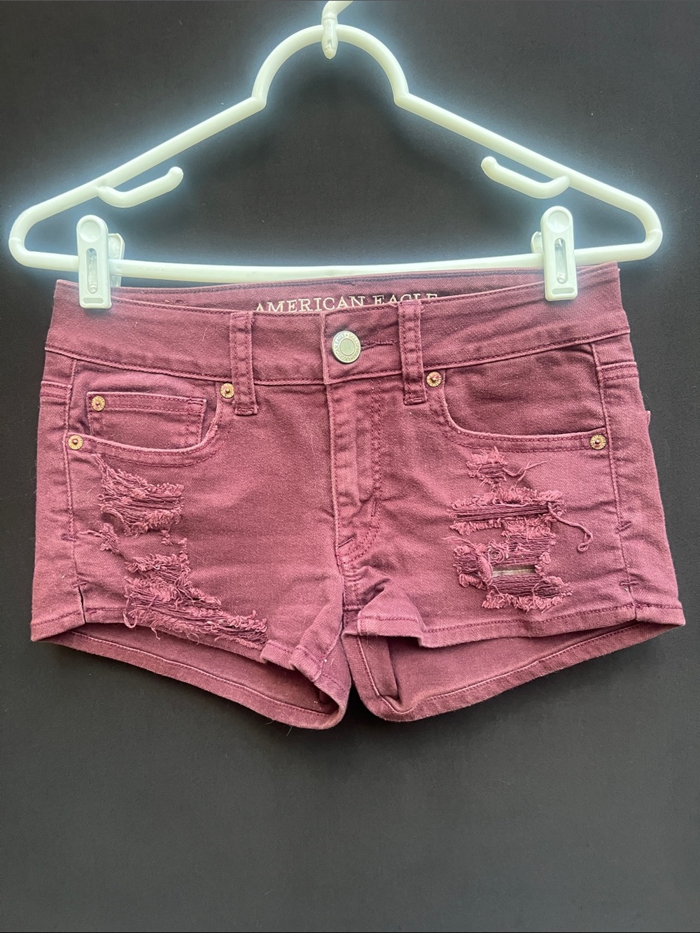 American Eagle Outfitters Burgundy Distressed Denim Shortie Shorts